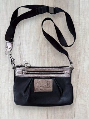 Coach Poppy Black Leather Crossbody Bag Bronze Metallic Trim Convertible Purse